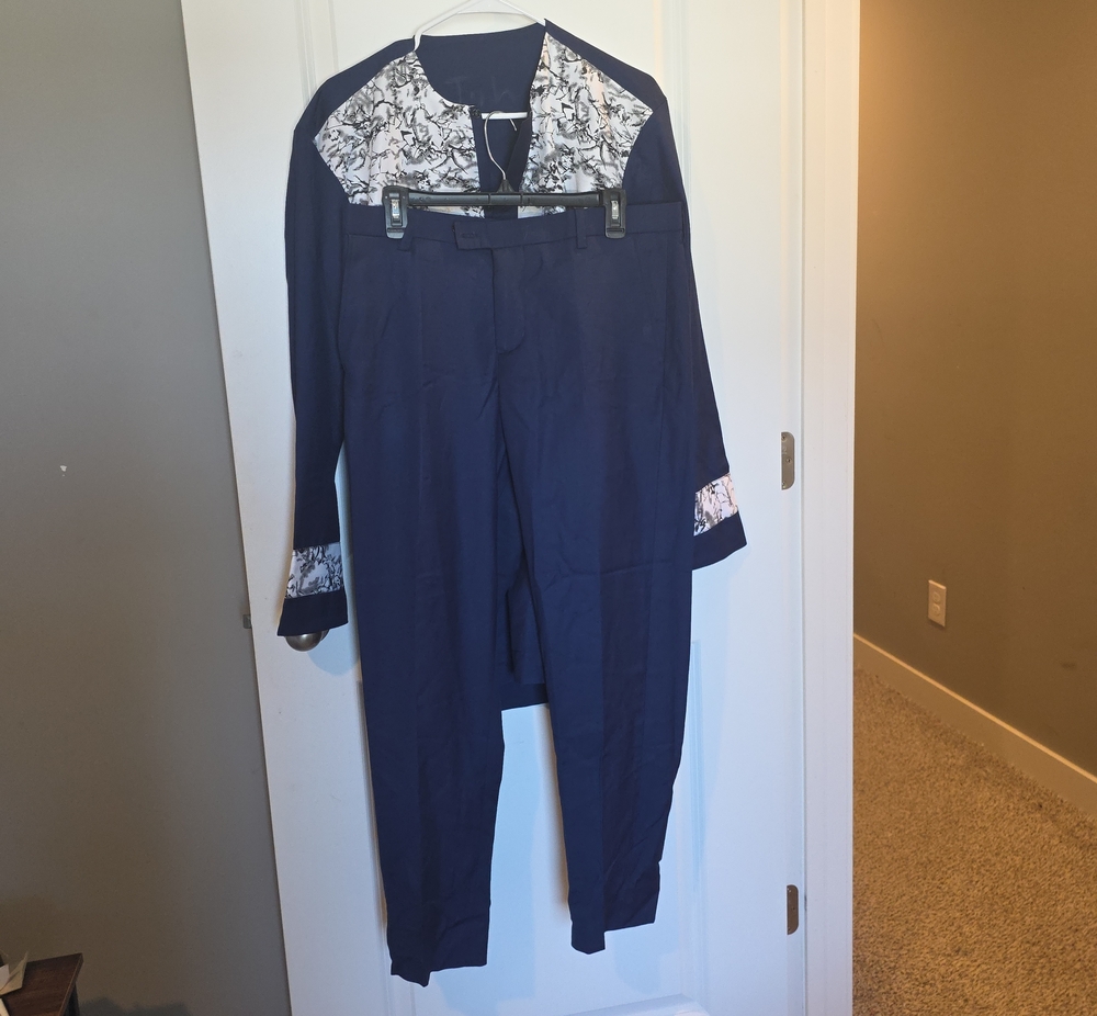 Men's Navy Agbada-Style Two-Piece Set with Printed Trim